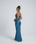 Ines Waterfall Neckline Satin Look Sleeveless Maxi Dress in Blue