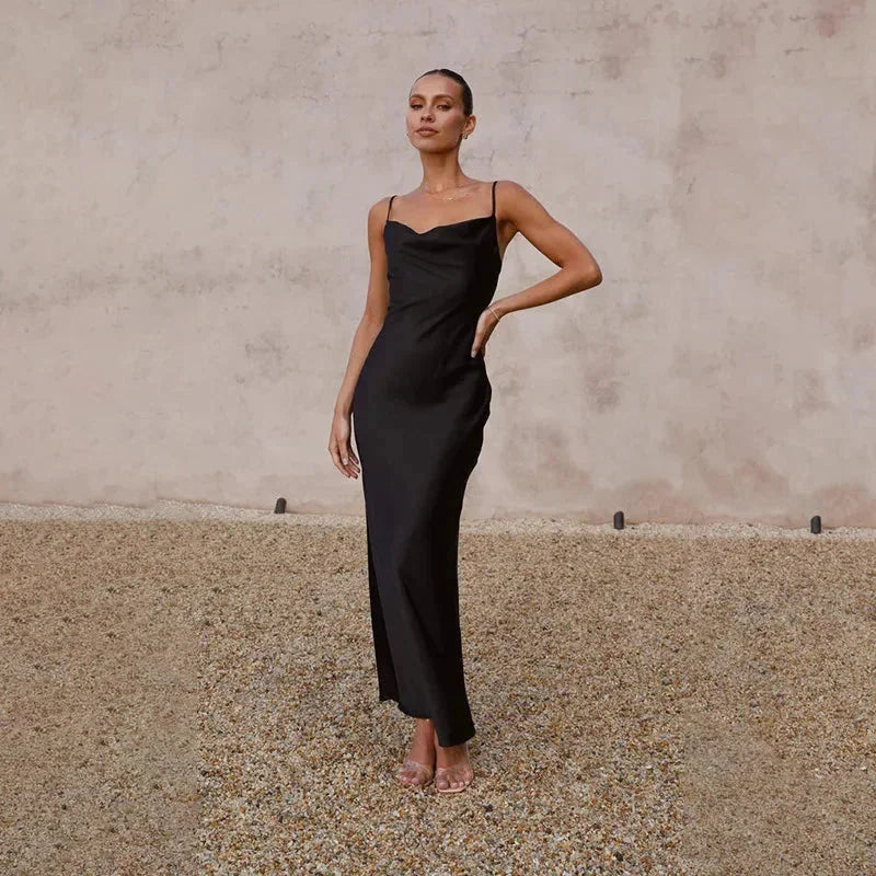 Ines Waterfall Neckline Satin Look Sleeveless Maxi Dress in Black
