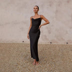 Ines Waterfall Neckline Satin Look Sleeveless Maxi Dress in Black