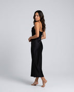 Ines Waterfall Neckline Satin Look Sleeveless Maxi Dress in Black