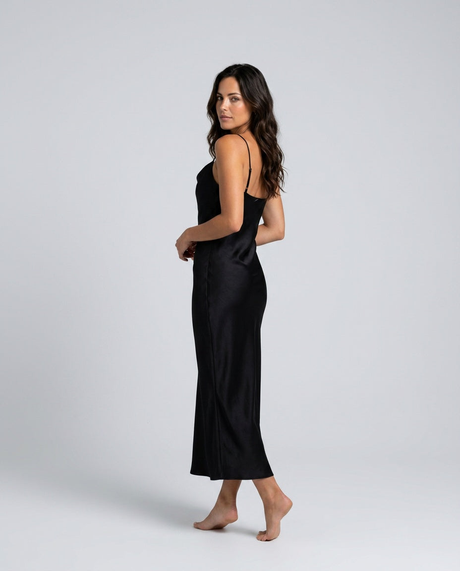 Ines Waterfall Neckline Satin Look Sleeveless Maxi Dress in Black