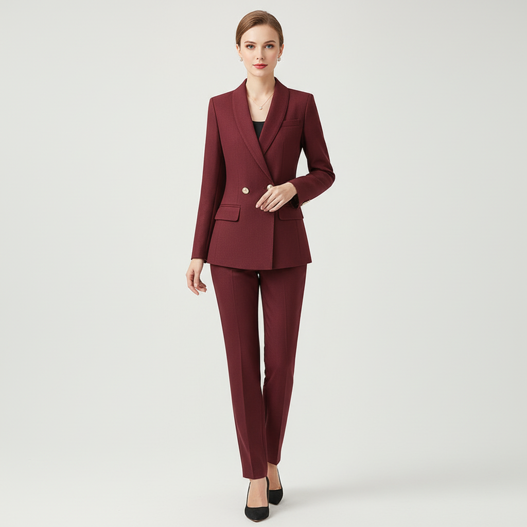Isolde Tweed Look Blazer and Trouser Two Piece Set in Burgundy