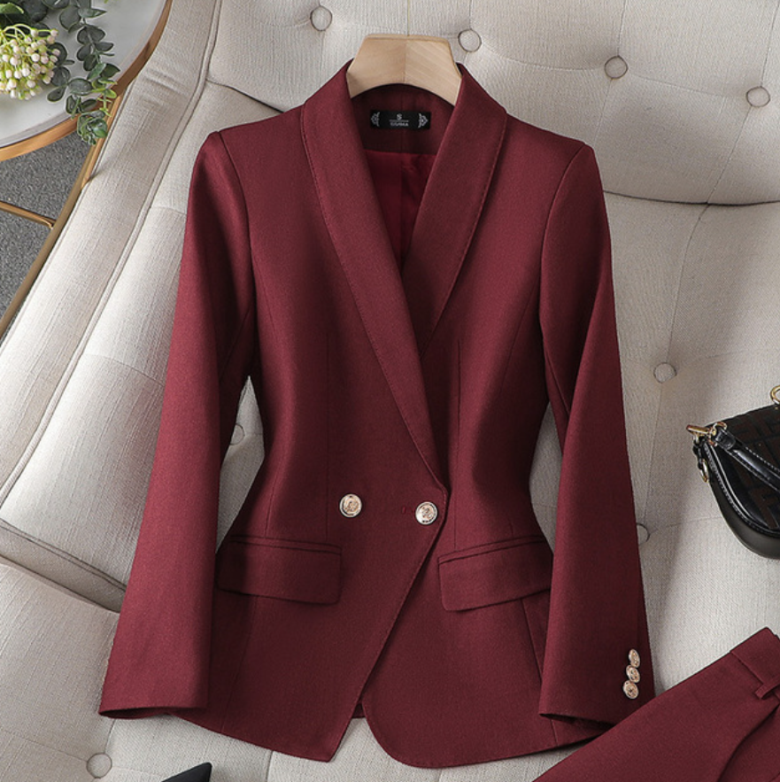 Isolde Tweed Look Blazer and Trouser Two Piece Set in Burgundy