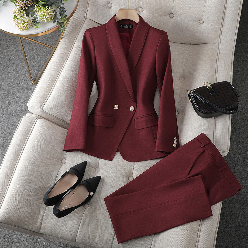 Isolde Tweed Look Blazer and Trouser Two Piece Set in Burgundy
