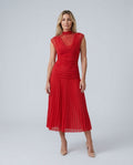 Jolie Pleated Drop Waist Midi Dress with Soft Volume in Red