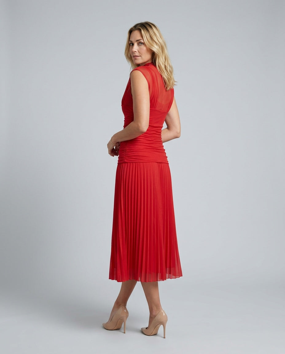 Jolie Pleated Drop Waist Midi Dress with Soft Volume in Red