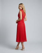 Jolie Pleated Drop Waist Midi Dress with Soft Volume in Red