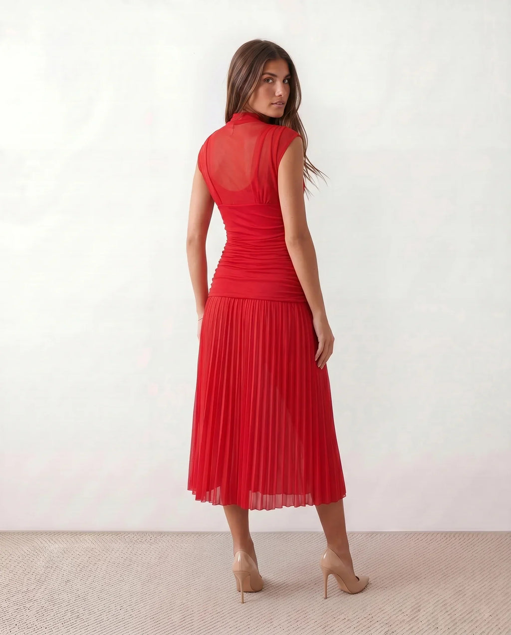 Jolie Pleated Drop Waist Midi Dress with Soft Volume in Red