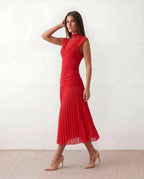 Jolie Pleated Drop Waist Midi Dress with Soft Volume in Red