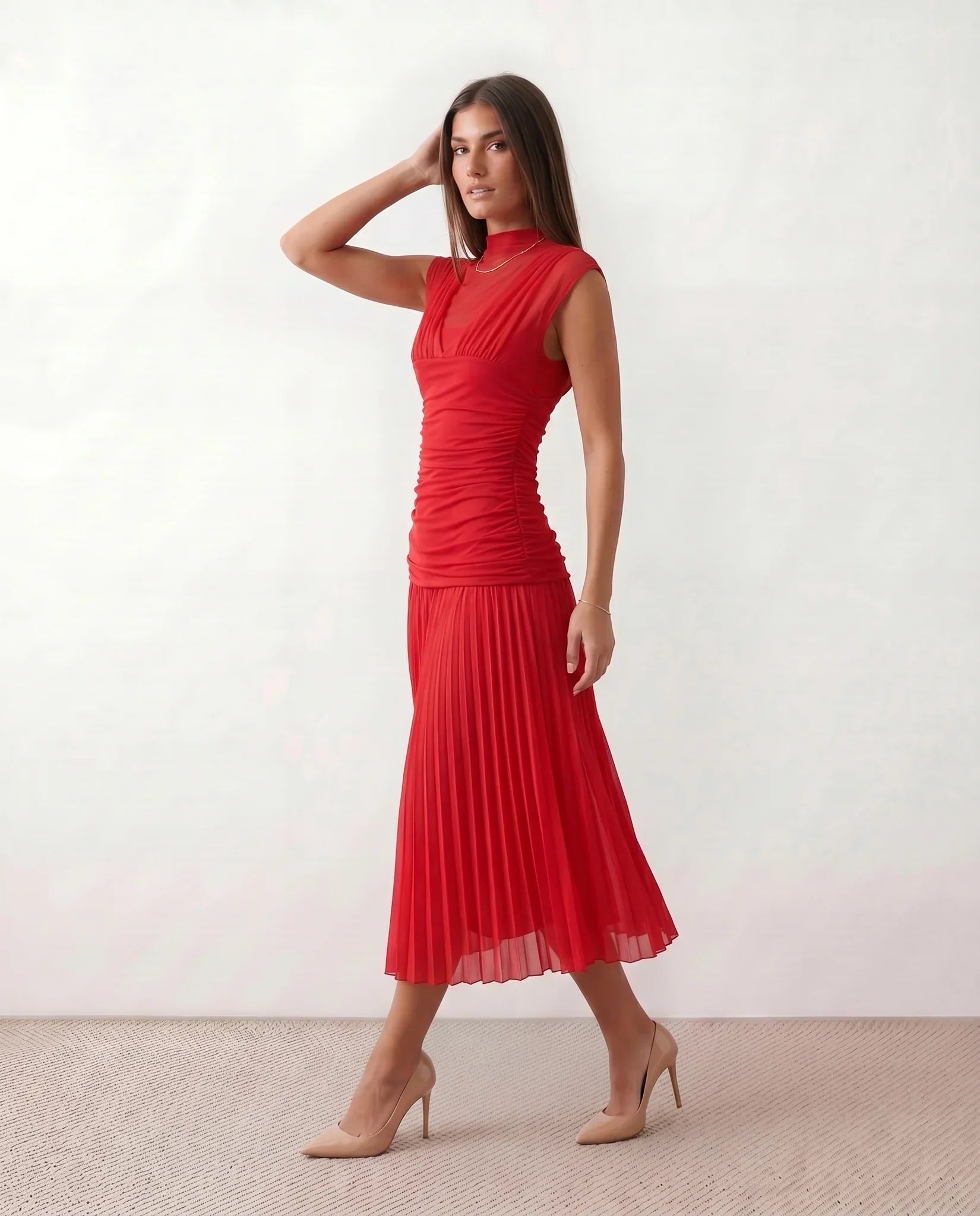 Jolie Pleated Drop Waist Midi Dress with Soft Volume in Red