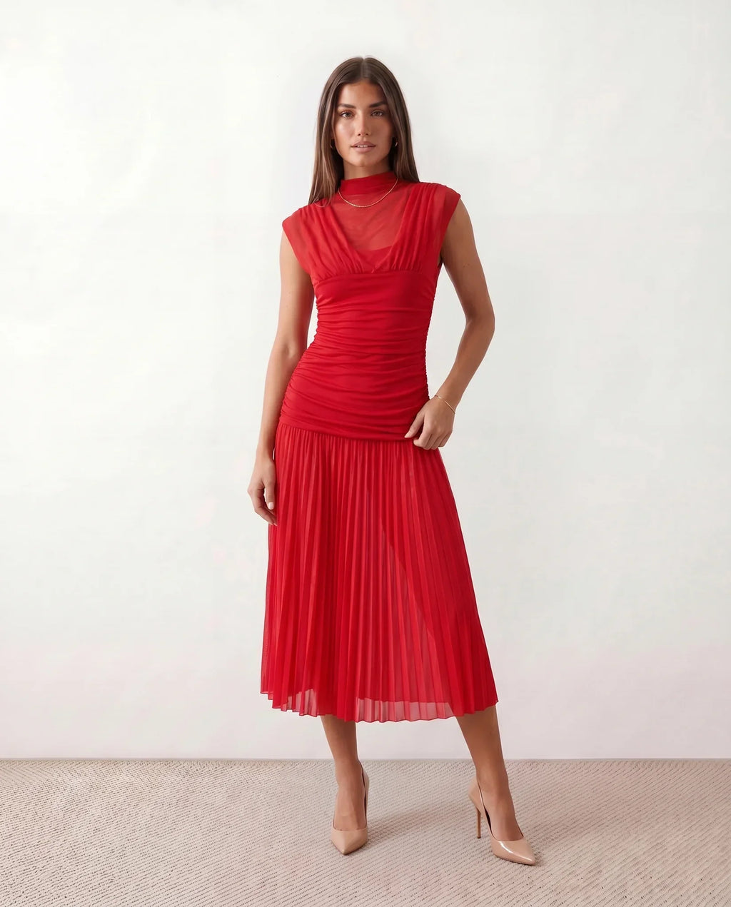 Jolie Pleated Drop Waist Midi Dress with Soft Volume in Red