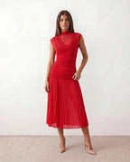 Jolie Pleated Drop Waist Midi Dress with Soft Volume in Red