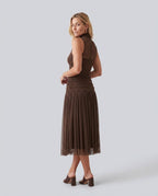 Jolie Pleated Drop Waist Midi Dress with Soft Volume in Brown