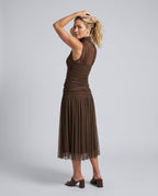 Jolie Pleated Drop Waist Midi Dress with Soft Volume in Brown
