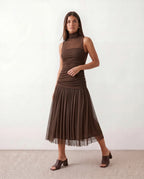 Jolie Pleated Drop Waist Midi Dress with Soft Volume in Brown