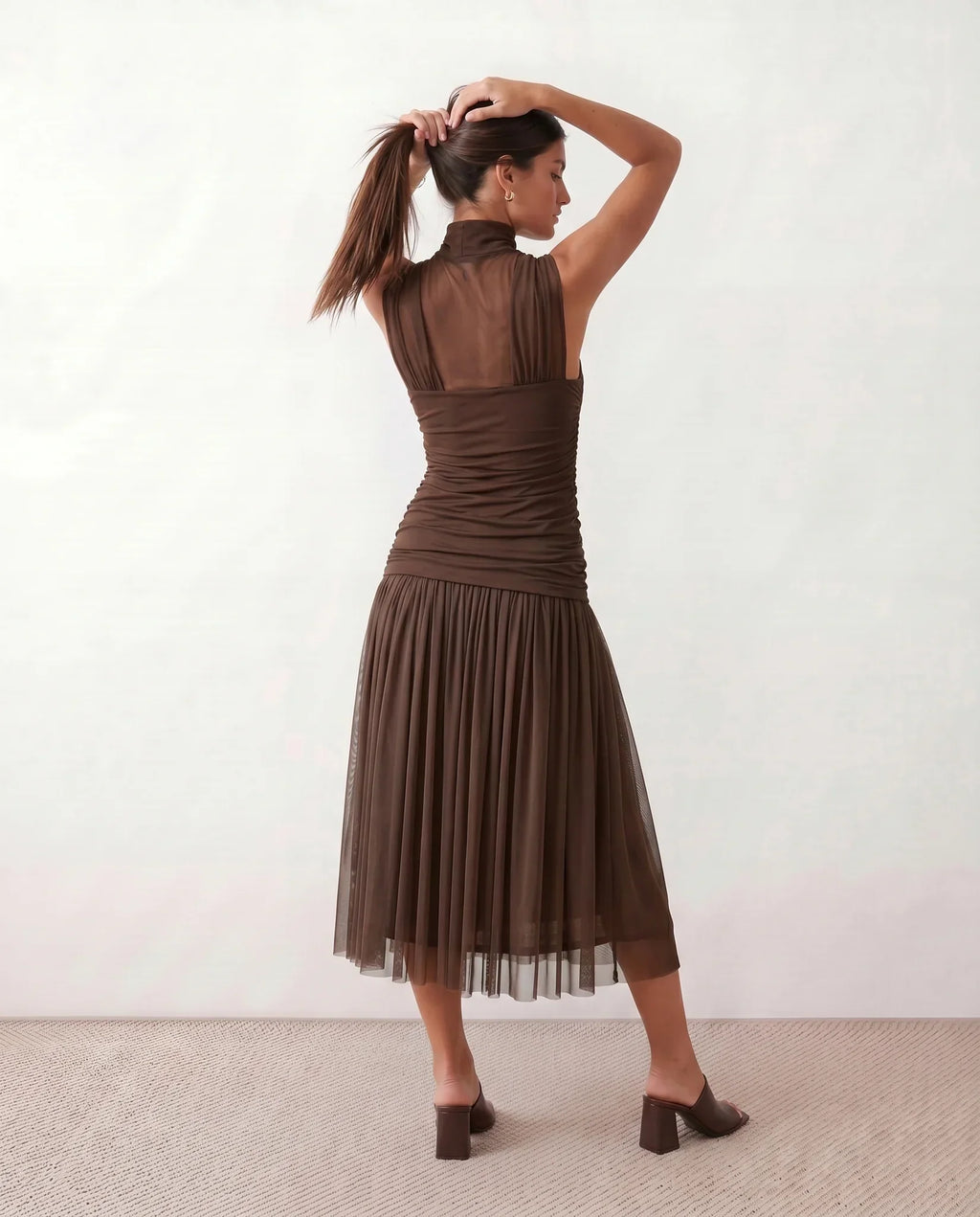 Jolie Pleated Drop Waist Midi Dress with Soft Volume in Brown