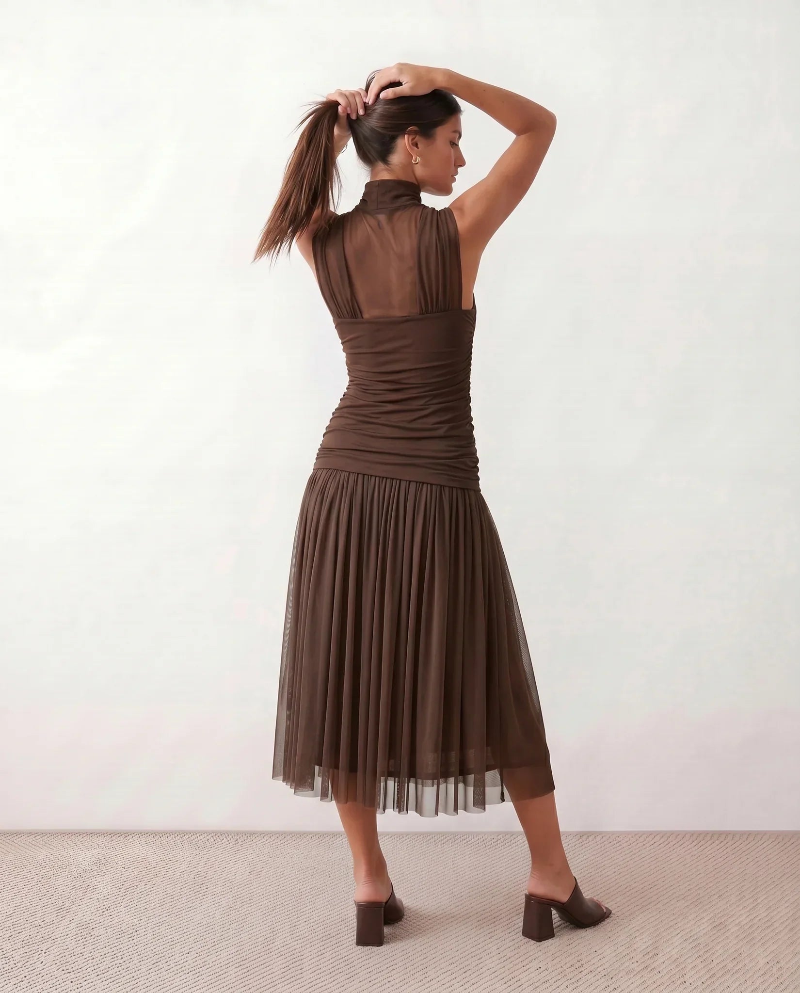 Jolie Pleated Drop Waist Midi Dress with Soft Volume in Brown