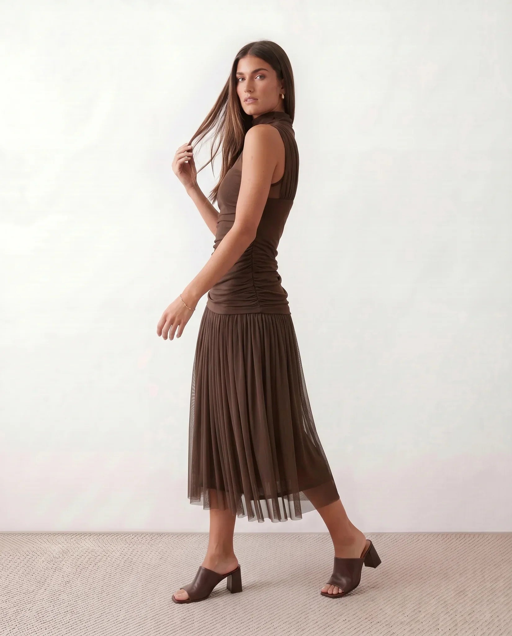 Jolie Pleated Drop Waist Midi Dress with Soft Volume in Brown