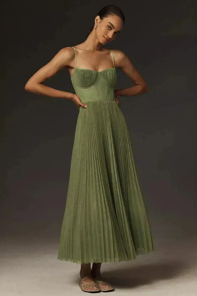Josephine Pleated Satin Look Midi Dress with Narrow Straps in Green