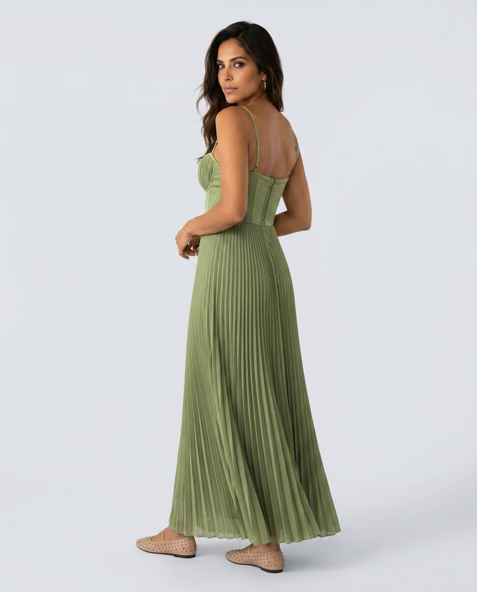 Josephine Pleated Satin Look Midi Dress with Narrow Straps in Green