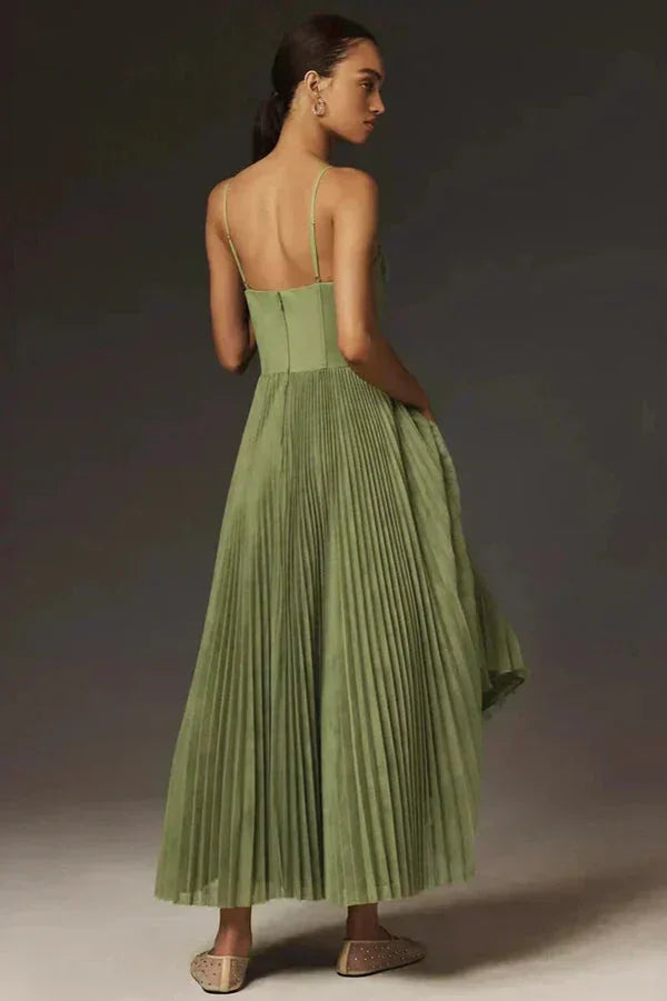 Josephine Pleated Satin Look Midi Dress with Narrow Straps in Green