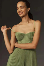 Josephine Pleated Satin Look Midi Dress with Narrow Straps in Green