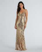 Juliette V Neck Sequin Slip Maxi Dress in Gold in Gold