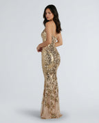 Juliette V Neck Sequin Slip Maxi Dress in Gold in Gold