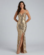 Juliette V Neck Sequin Slip Maxi Dress in Gold in Gold