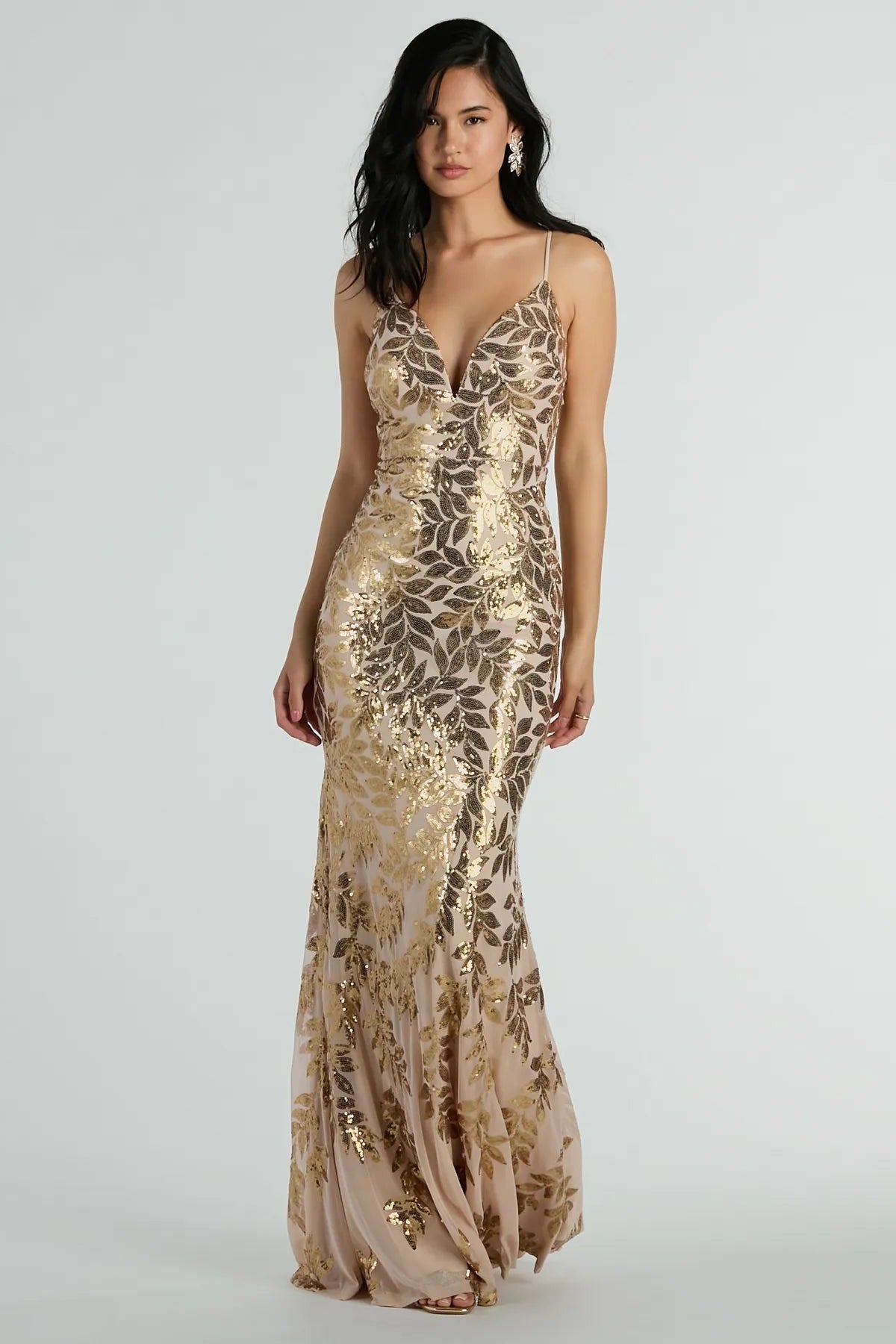 Juliette V Neck Sequin Slip Maxi Dress in Gold in Gold