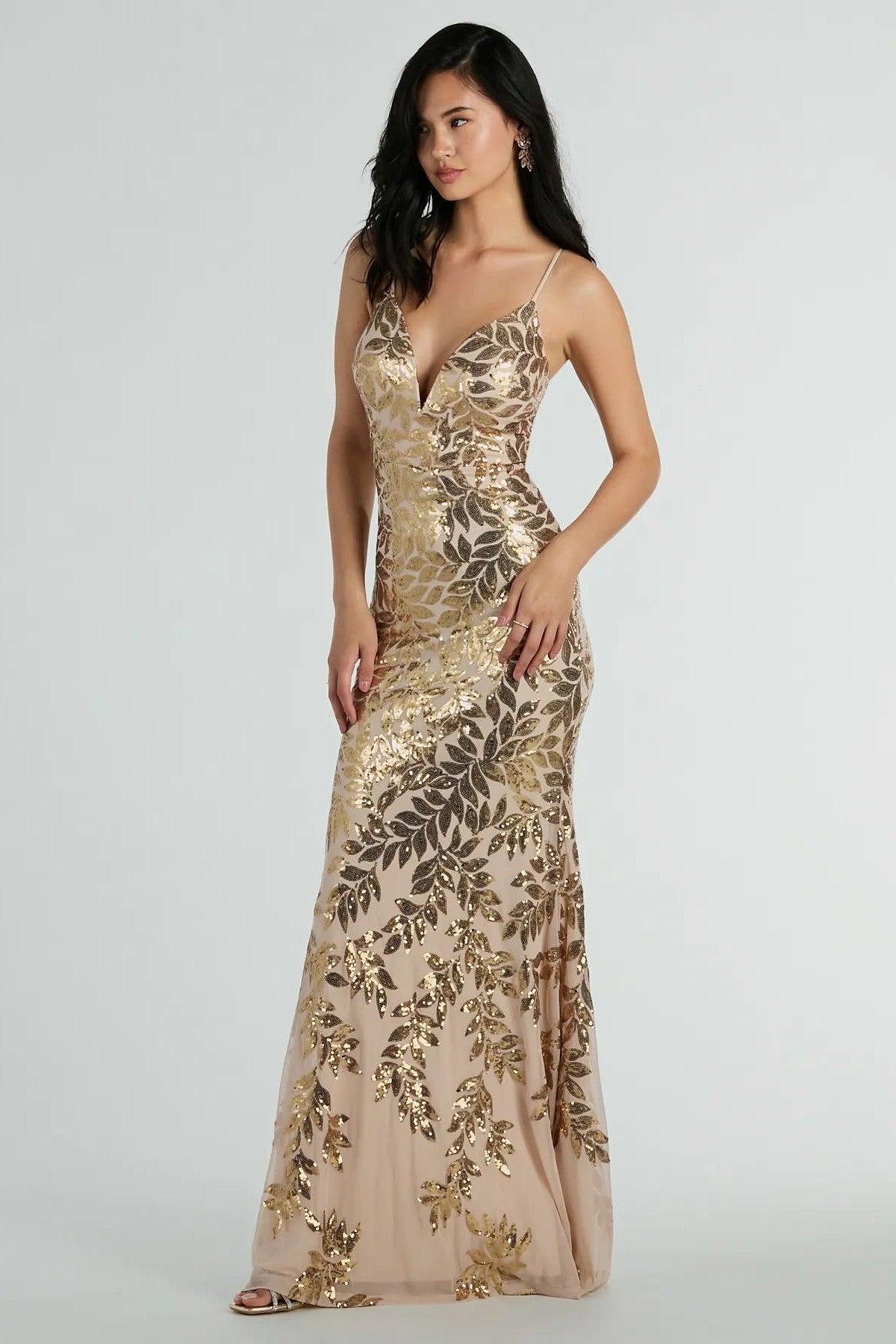 Juliette V Neck Sequin Slip Maxi Dress in Gold in Gold