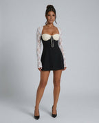 Katrina Long Sleeve Lace Mini Dress with Corset Back in Black