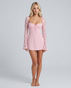 Katrina Long Sleeve Lace Mini Dress with Corset Back in Pink