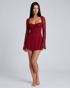 Katrina Long Sleeve Lace Mini Dress with Corset Back in Red