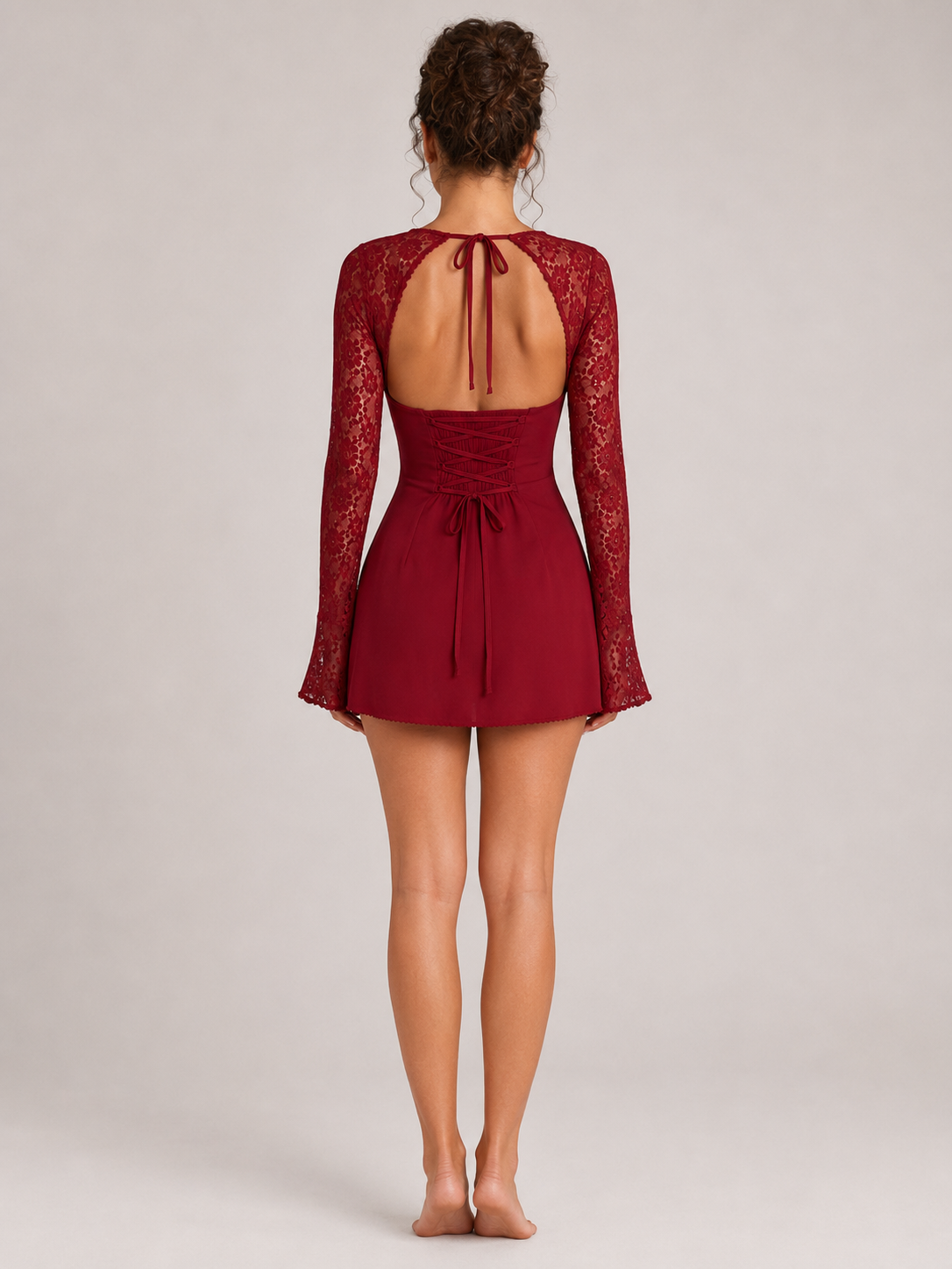 Katrina Long Sleeve Lace Mini Dress with Corset Back in Red