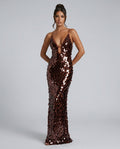 Kira Deep V Neck Sleeveless All Over Sequin Maxi Dress in Brown