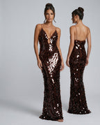 Kira Deep V Neck Sleeveless All Over Sequin Maxi Dress in Brown