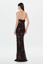 Kira Deep V Neck Sleeveless All Over Sequin Maxi Dress in Brown