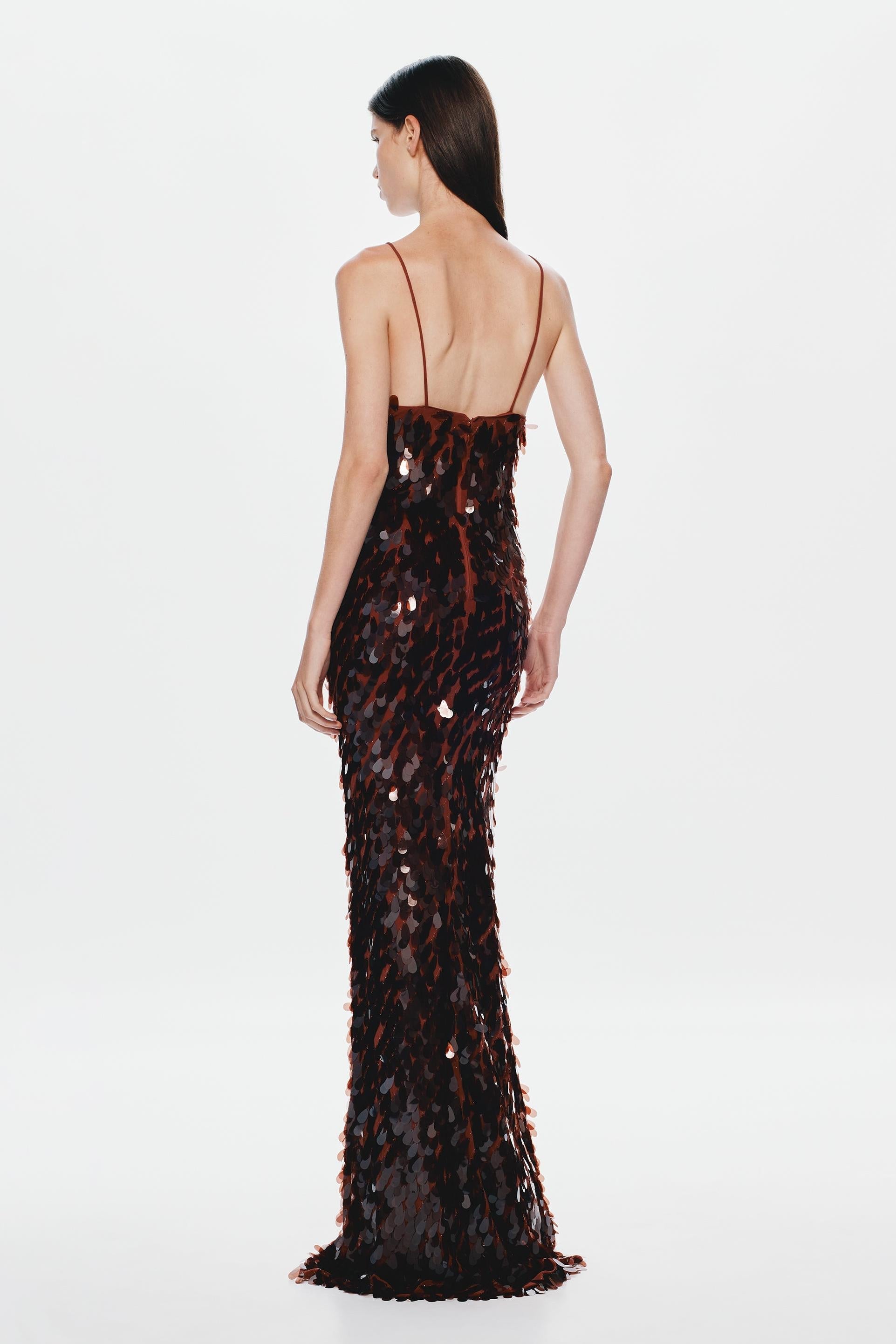 Kira Deep V Neck Sleeveless All Over Sequin Maxi Dress in Brown