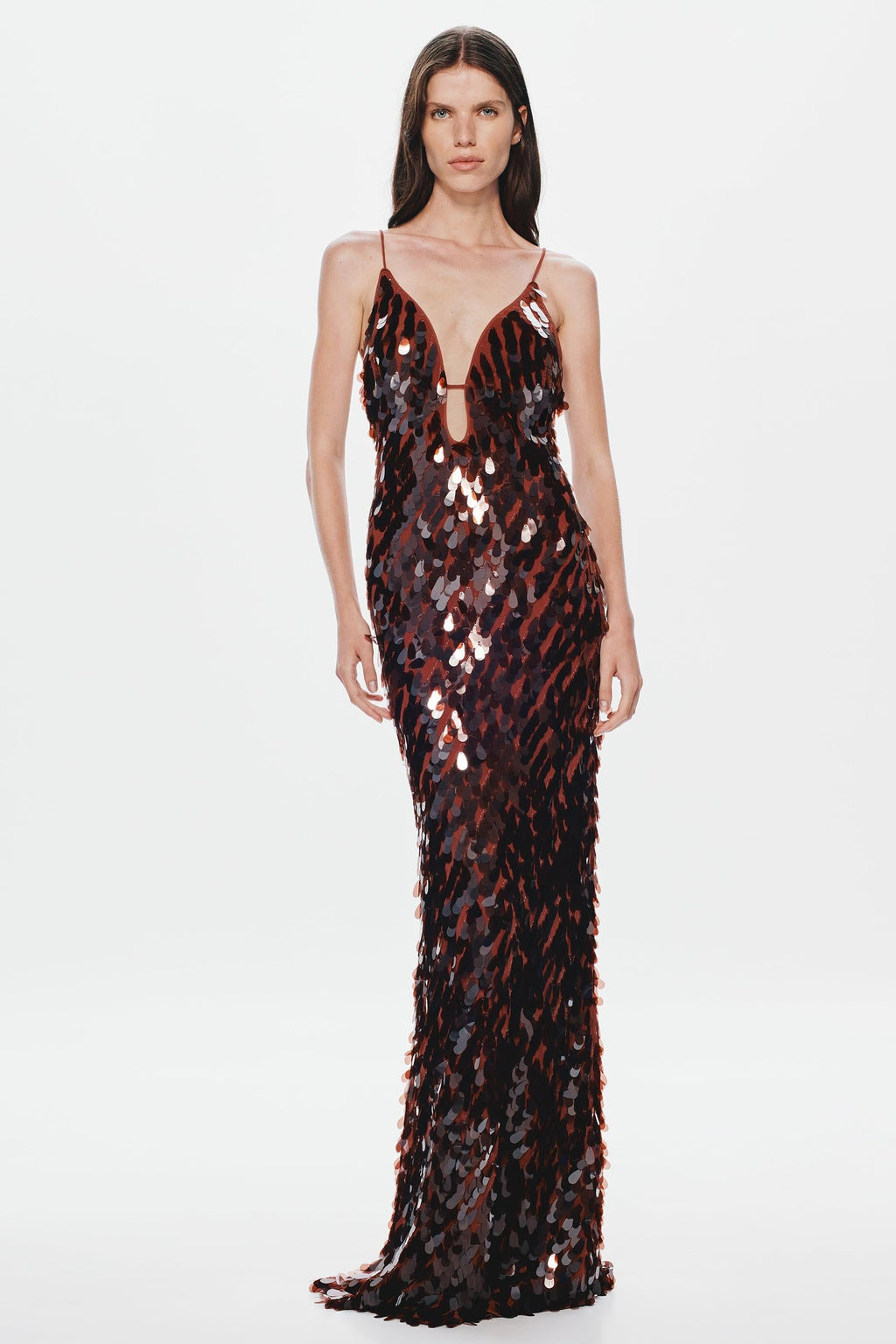 Kira Deep V Neck Sleeveless All Over Sequin Maxi Dress in Brown