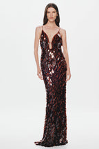 Kira Deep V Neck Sleeveless All Over Sequin Maxi Dress in Brown