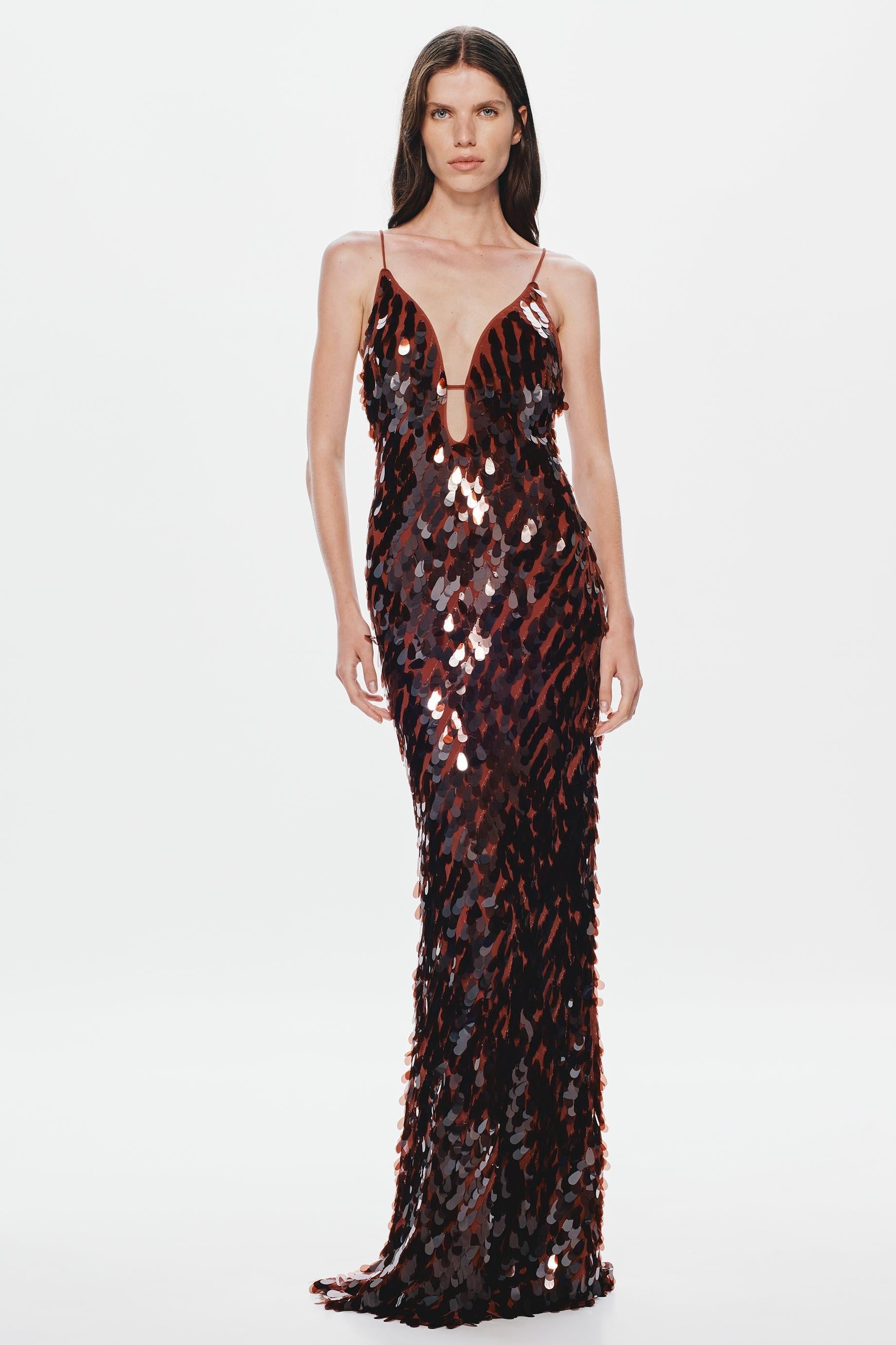 Kira Deep V Neck Sleeveless All Over Sequin Maxi Dress in Brown