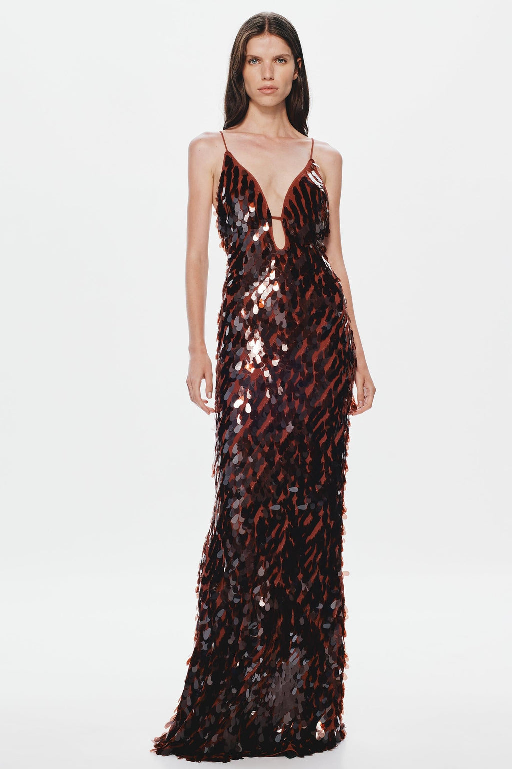 Kira Deep V Neck Sleeveless All Over Sequin Maxi Dress in Brown