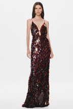 Kira Deep V Neck Sleeveless All Over Sequin Maxi Dress in Brown