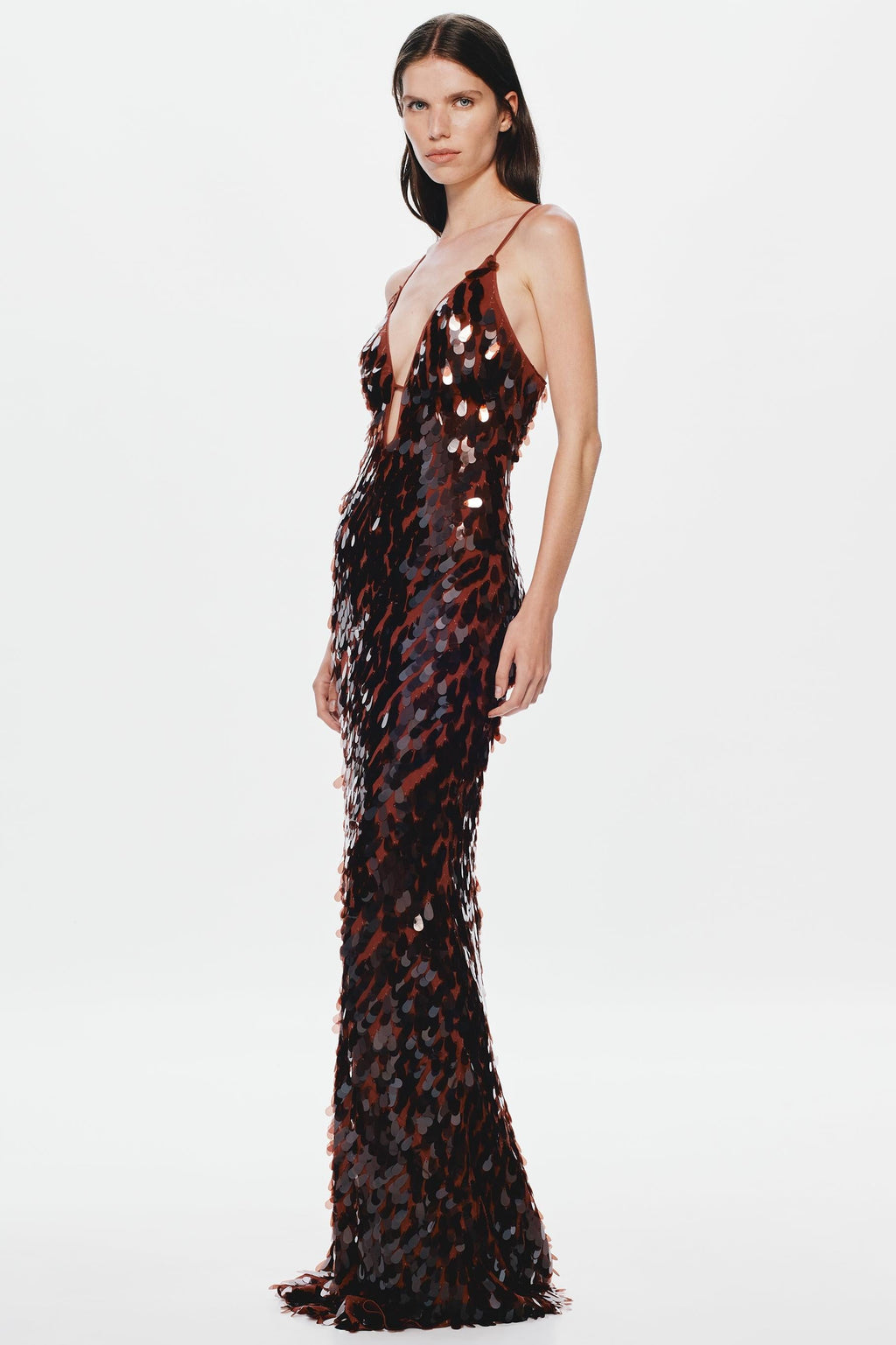Kira Deep V Neck Sleeveless All Over Sequin Maxi Dress in Brown