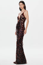 Kira Deep V Neck Sleeveless All Over Sequin Maxi Dress in Brown