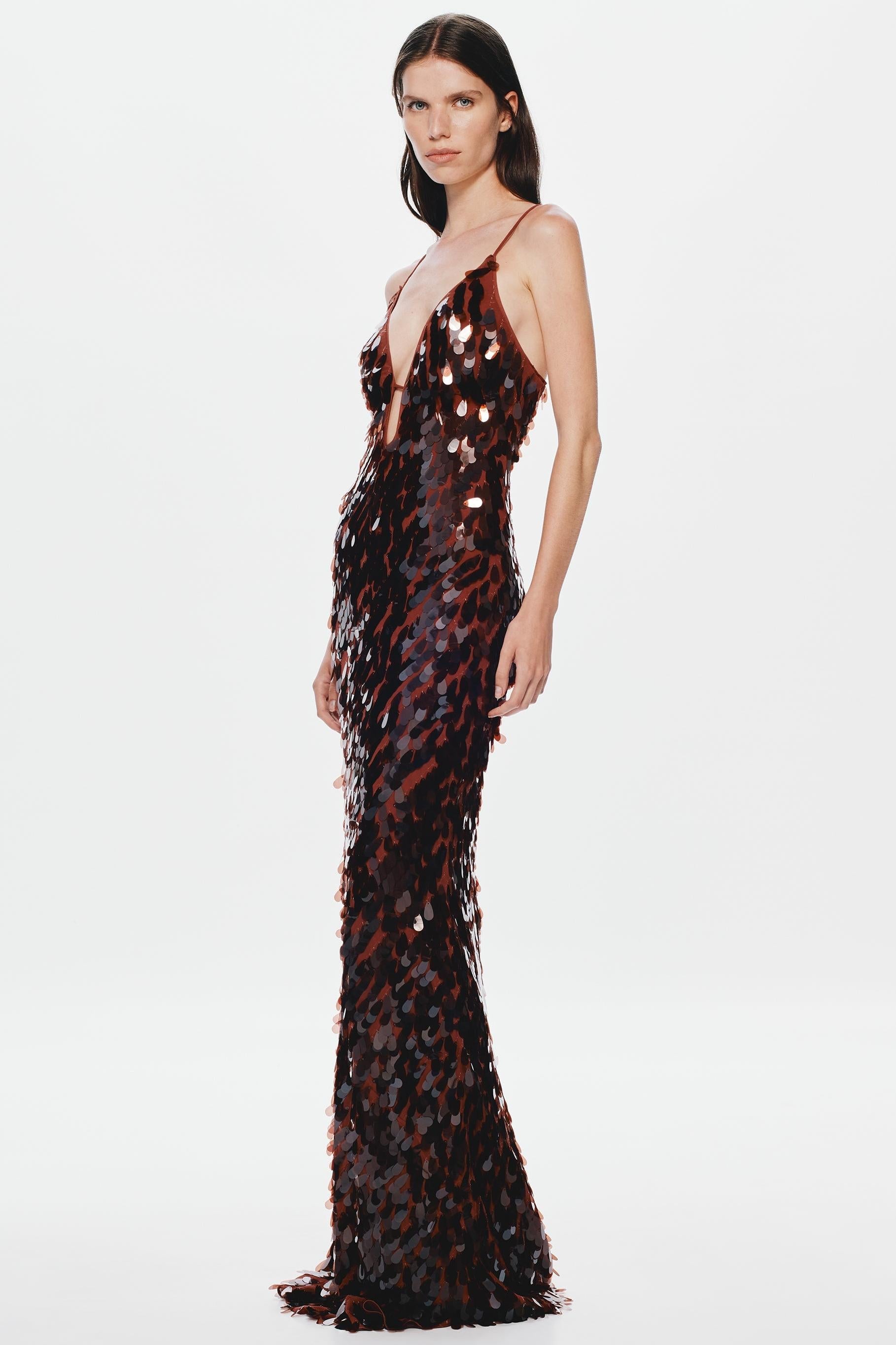 Kira Deep V Neck Sleeveless All Over Sequin Maxi Dress in Brown