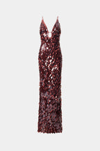Kira Deep V Neck Sleeveless All Over Sequin Maxi Dress in Brown