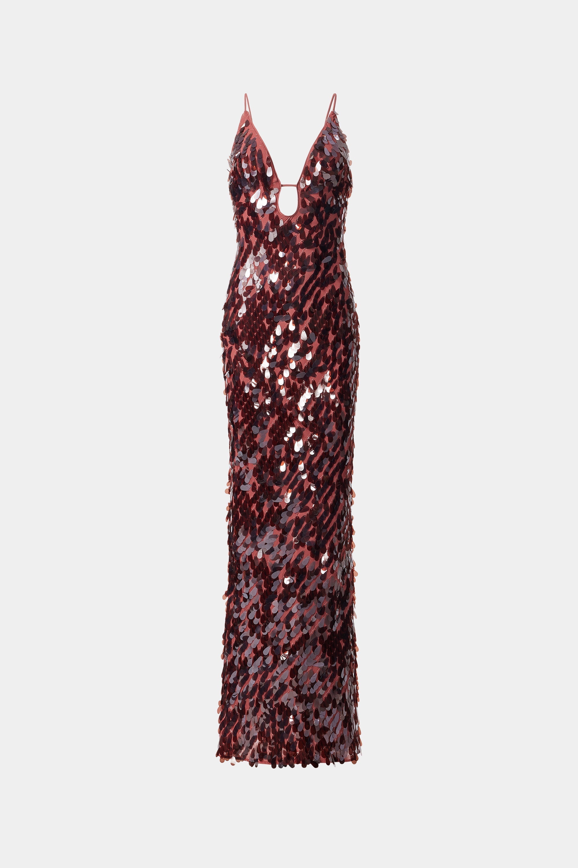 Kira Deep V Neck Sleeveless All Over Sequin Maxi Dress in Brown