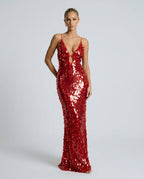 Kira Deep V Neck Sleeveless All Over Sequin Maxi Dress in Red